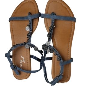 Madeline Stuart denim blue with coin and bell dangles strappy sandals t strap